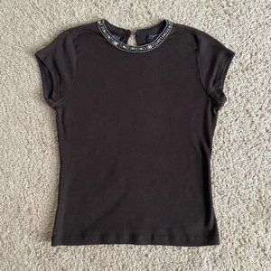🌻 🌸 Context Brown T-Shirt with Rhinestone Collar – Sz PS – Like New